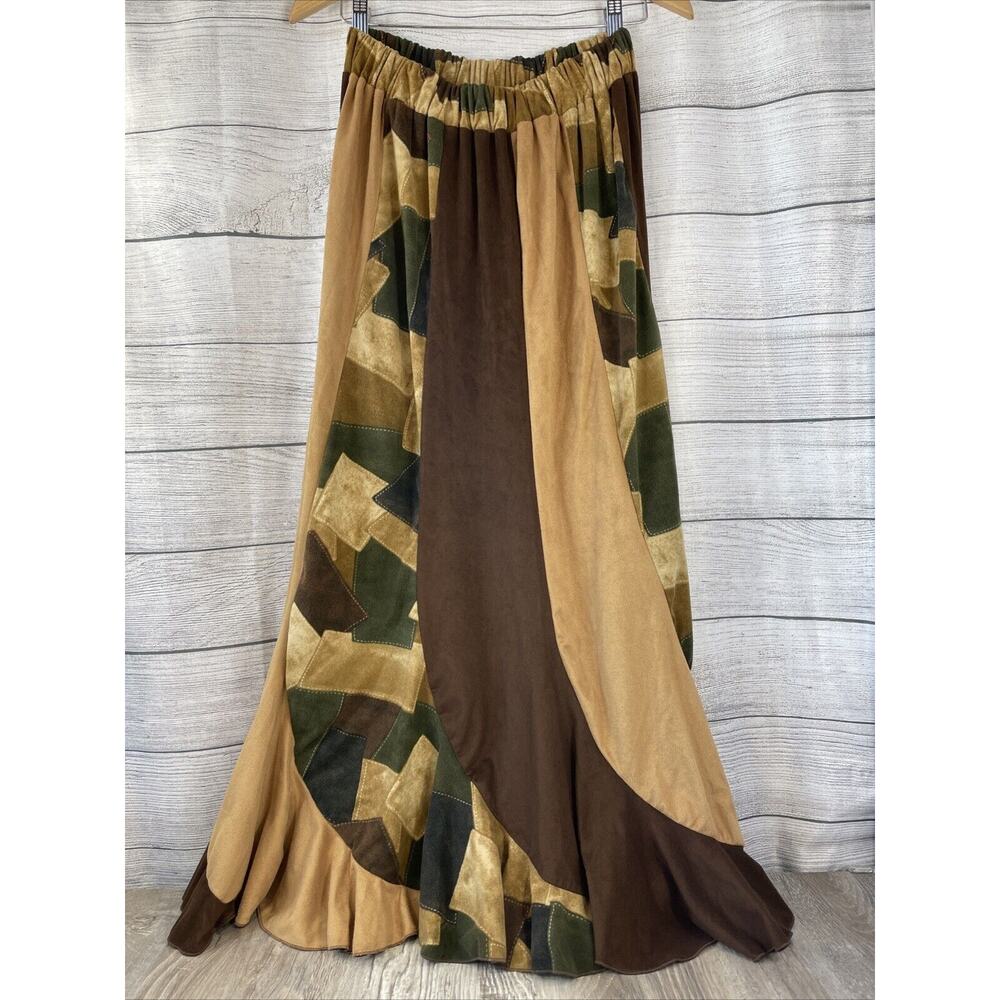 Mondiki Skirt L Skirt Patchwork Micro Suede Long Tan Brown Square Dancing Boho